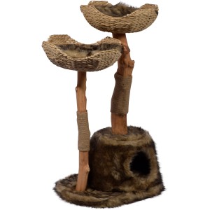 Braun-beiger Kratzbaum Tony mit Katzenhöhle und zwei Liegemulden aus Naturmaterialien.