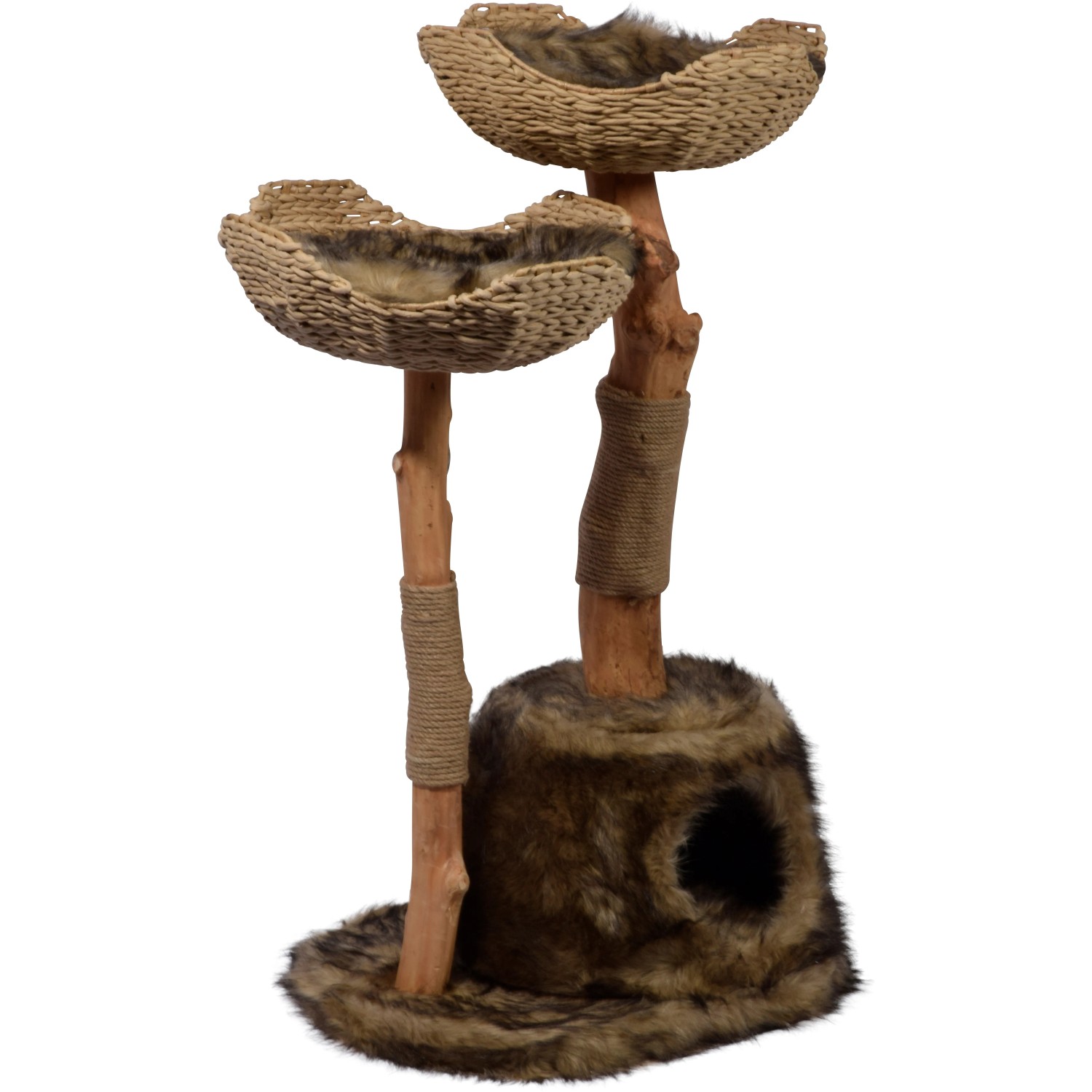Braun-beiger Kratzbaum Tony mit Katzenhöhle und zwei Liegemulden aus Naturmaterialien.