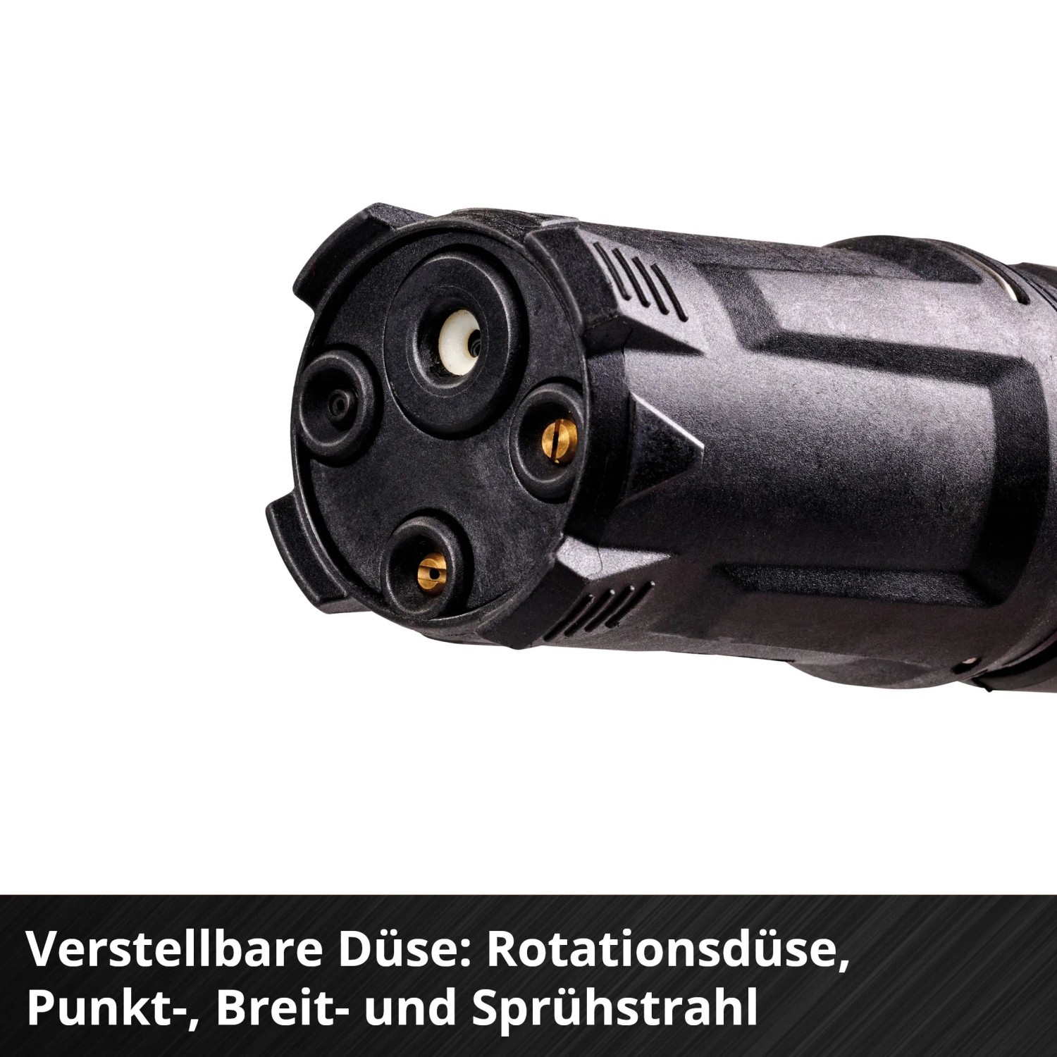 Einhell Akku-Druckreinigerpistole: schwarze Multifunktionsdüse mit 4-fach Sprühstrahl für vielseitige Reinigung.