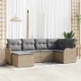 Beiges 6-tlg. vidaXL Garten-Sofa-Set aus Poly Rattan mit grauen Kissen für Terrasse und Garten.