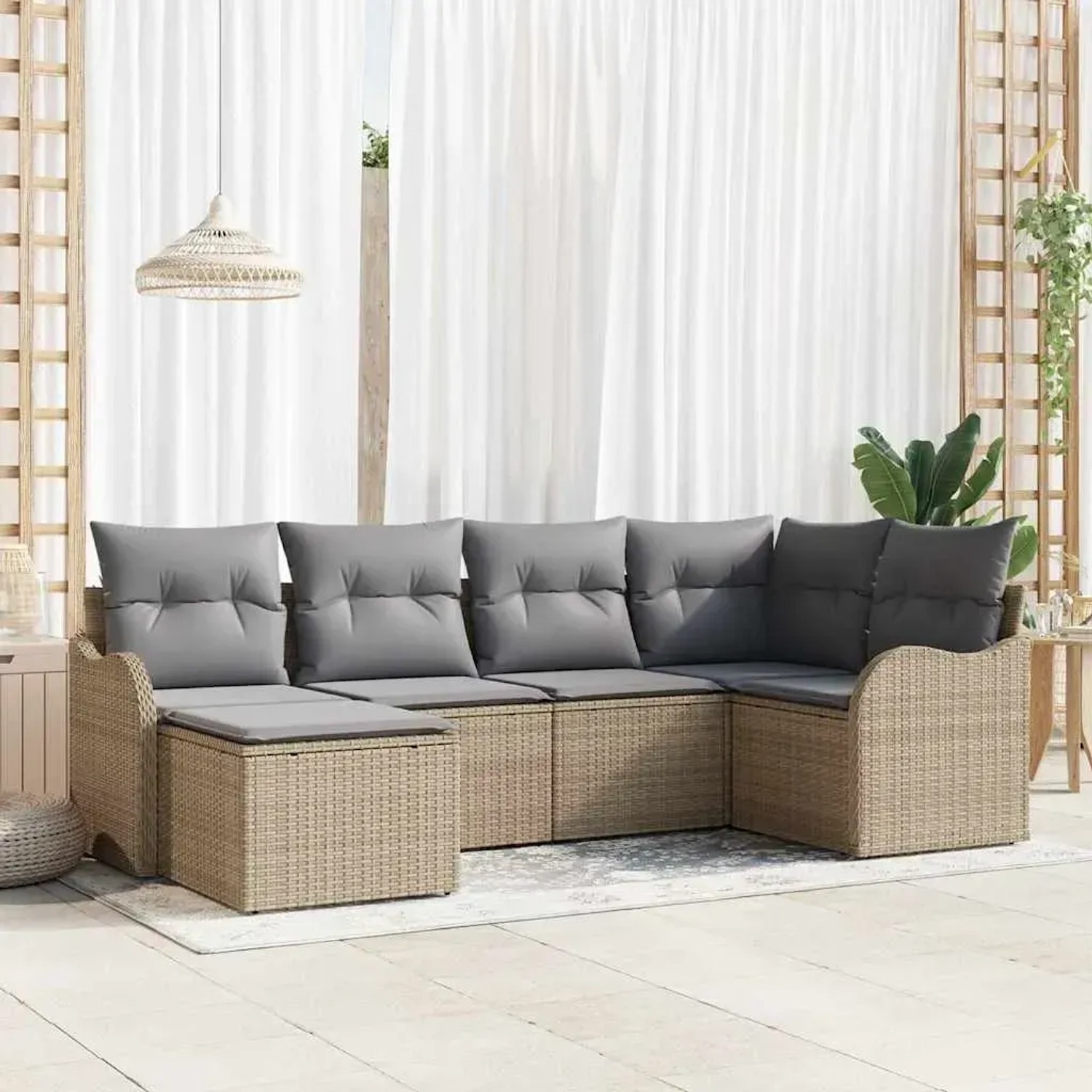 Beiges 6-tlg. vidaXL Garten-Sofa-Set aus Poly Rattan mit grauen Kissen für Terrasse und Garten.