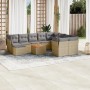 Beige Garten-Sofagarnitur (11-tlg) aus Poly Rattan mit hellgrauen Kissen und Tisch.