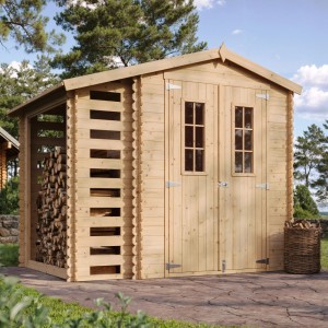 Timbela Holz-Gartenhaus mit Brennholzregal, 4,5 m² mit Boden. Unbehandeltes Holz mit Doppeltür und Fenster.