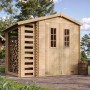 Timbela Holz-Gartenhaus mit Brennholzregal, 4,5 m² mit Boden. Unbehandeltes Holz mit Doppeltür und Fenster.