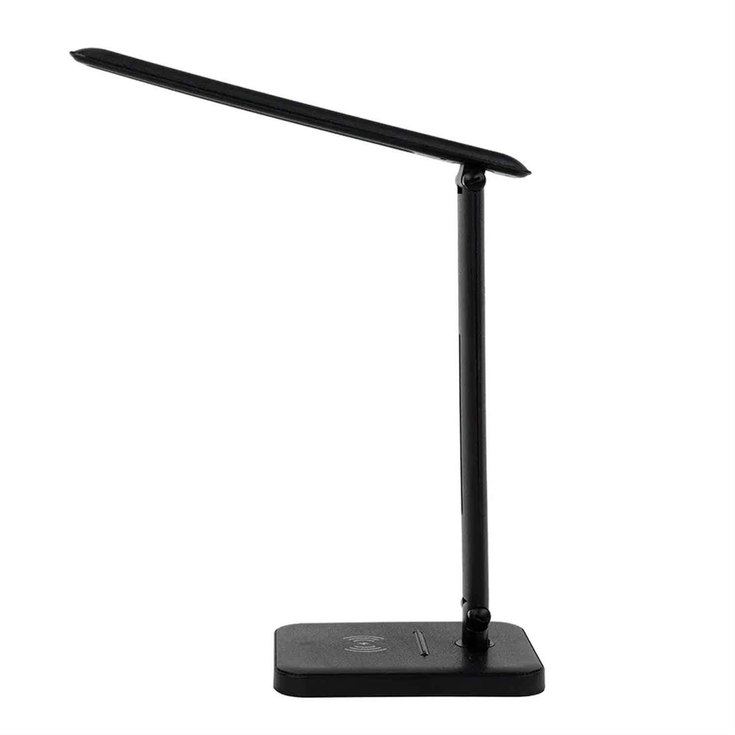 Schwarze LED Schreibtischleuchte mit induktiver Ladestation, dimmbar und mit einstellbarer Lichtfarbe.