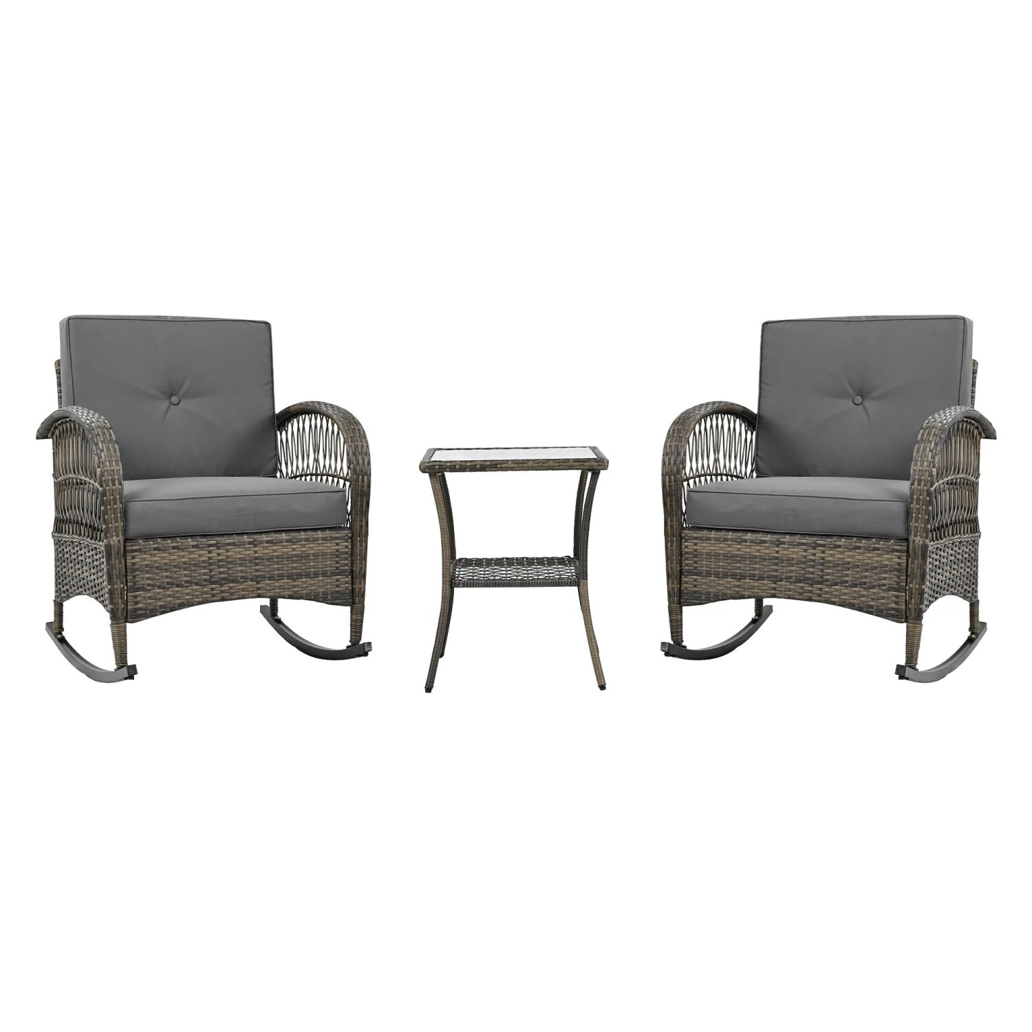 PXloue 3 Teiliges Garten Lounge Set mit 2 Schaukelstühlen Glastisch und Beigen Kissen für Garten Grau