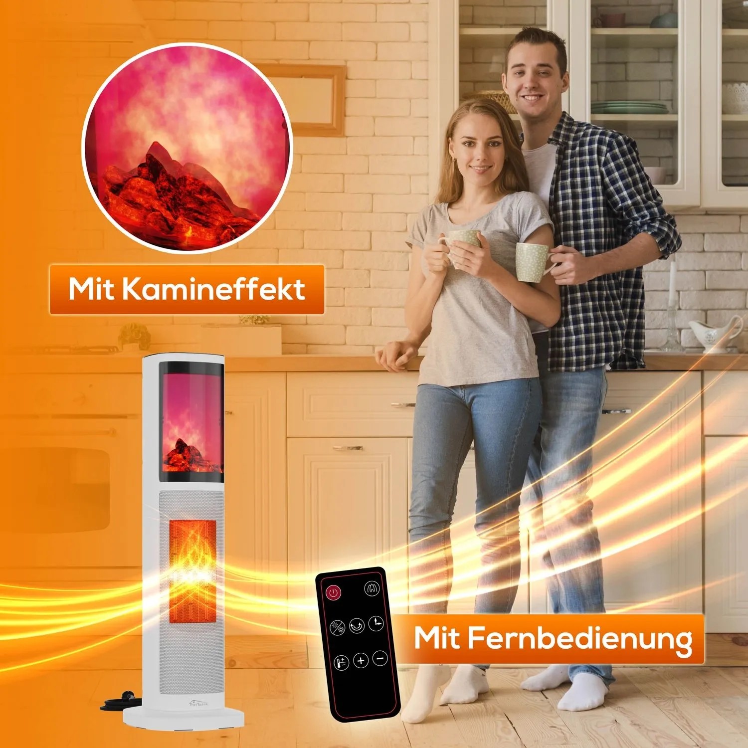 Weißer TroniTechnik Turmheizer mit Flammeneffekt und Fernbedienung vor Paar in Küche.