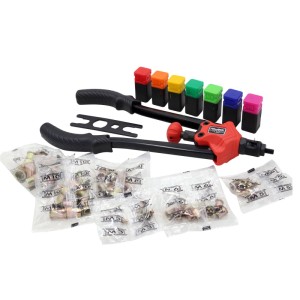 Wiltec Blindnietzange, rot-schwarz, mit 7 farbigen Mundstücken und Nietmuttern-Set für Nietarbeiten.