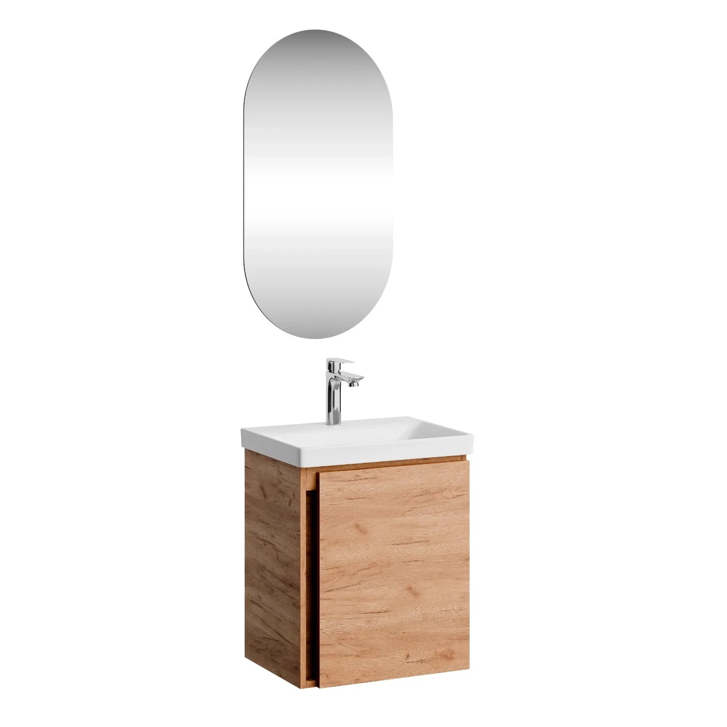 Planetmöbel Badmöbel Set 50 cm Gold Eiche mit Keramikwaschbecken Spiegel Soft Close 3 teilig