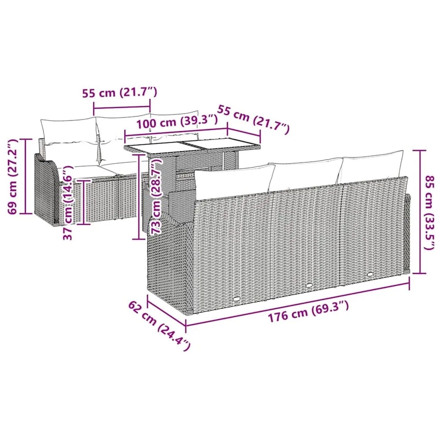 vidaXL Garten-Sofa-Set 7-tlg. Schwarz Poly Rattan mit Maßangaben.