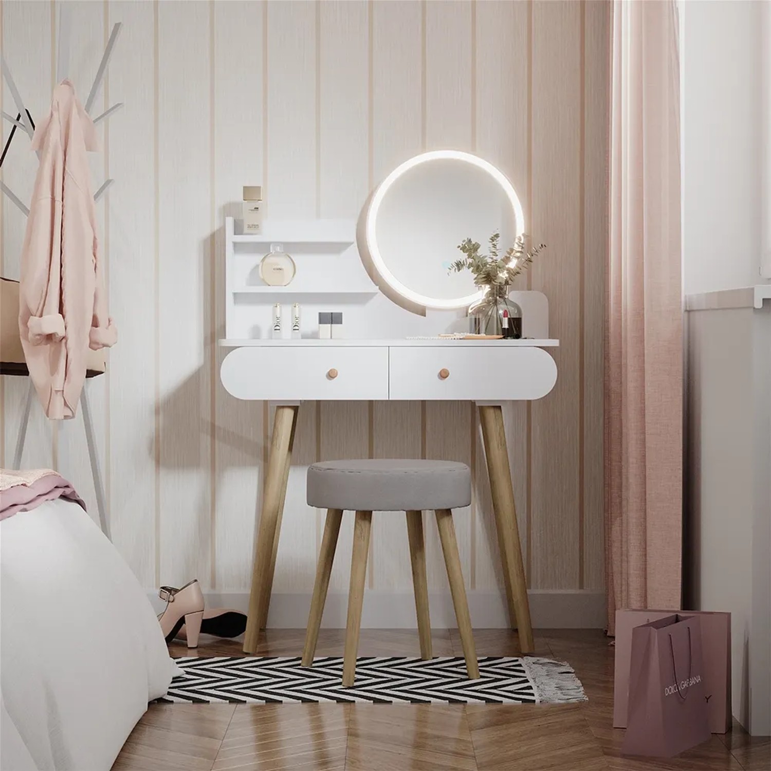 Weißer Vicco Schminktisch Edda 80 cm mit LED-Spiegel und Hocker.