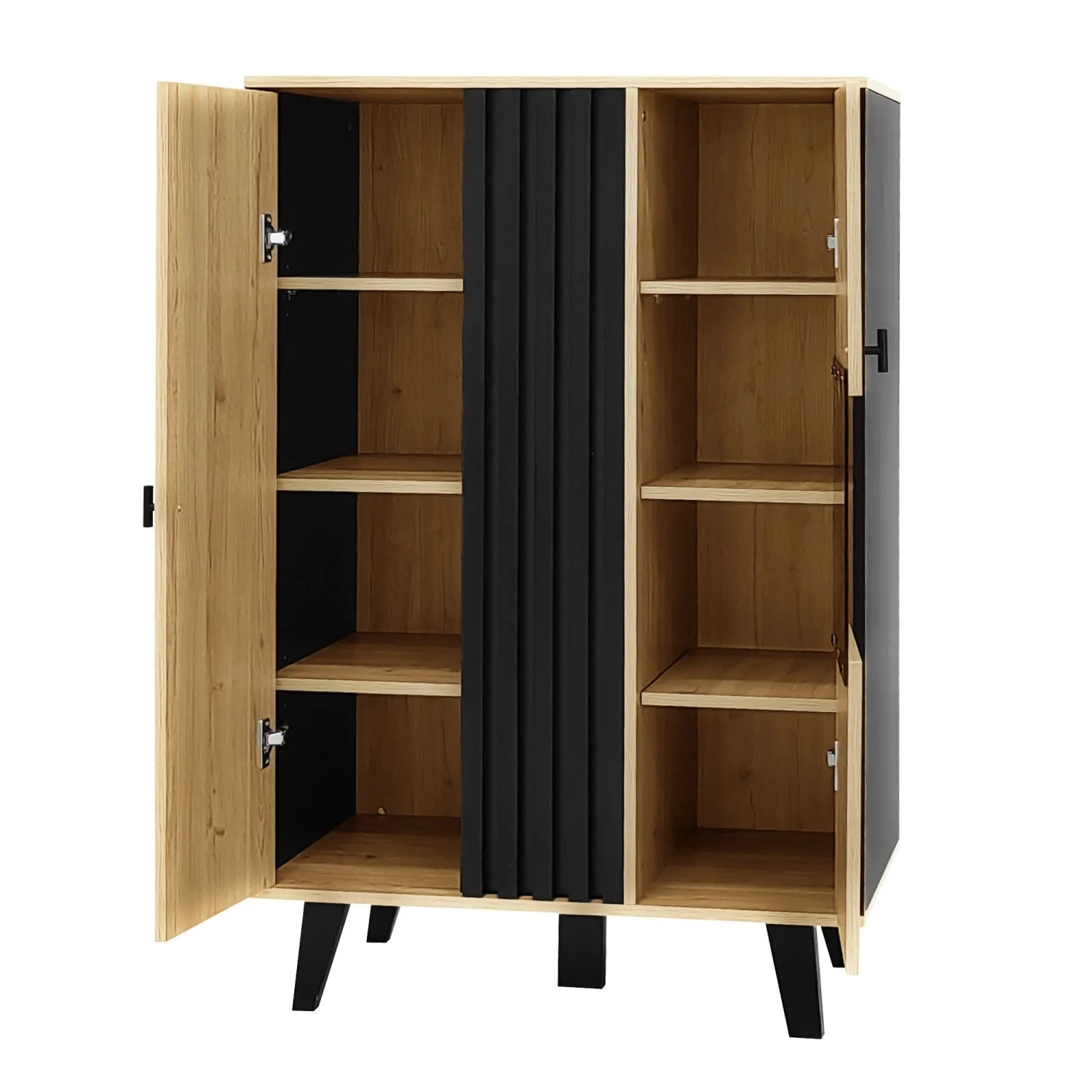 okwish Sideboard mit Vitrine Glas LED Laminate 80x40x120cm Schwarz Natur
