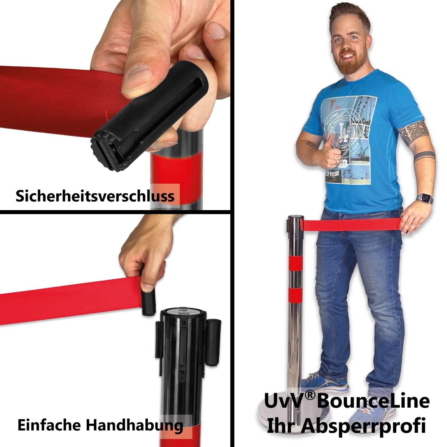 UvV BounceLine Personenleitsystem Edelstahl mit blauem Gurt, 2 Pfosten, 3 m Länge. Details zur Handhabung und Sicherheitsverschluss sichtbar.