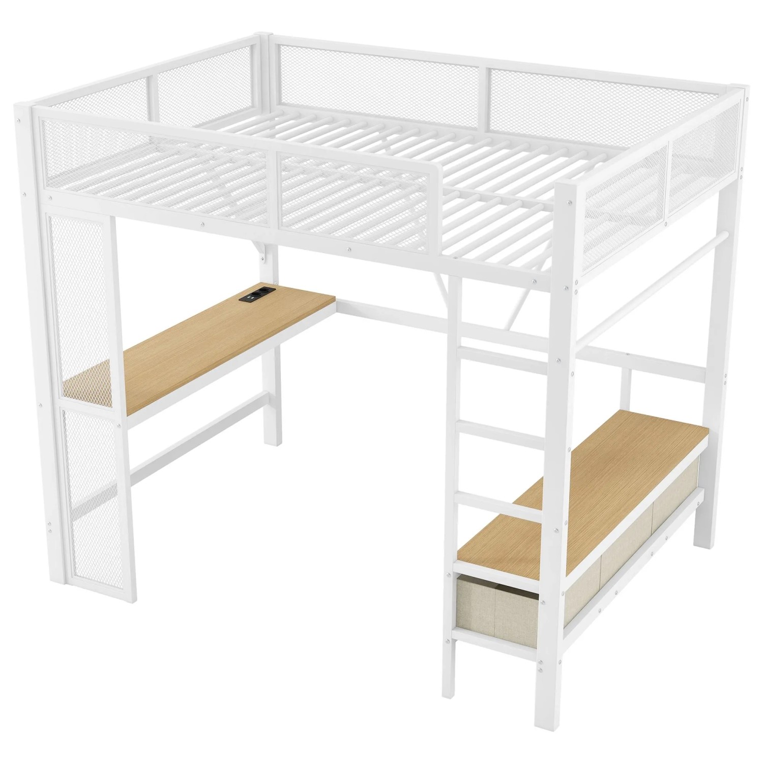 okwish Metall Hochbett 140x200cm mit USB LED Schreibtisch und Kleiderschrank Weiß ohne Matratze