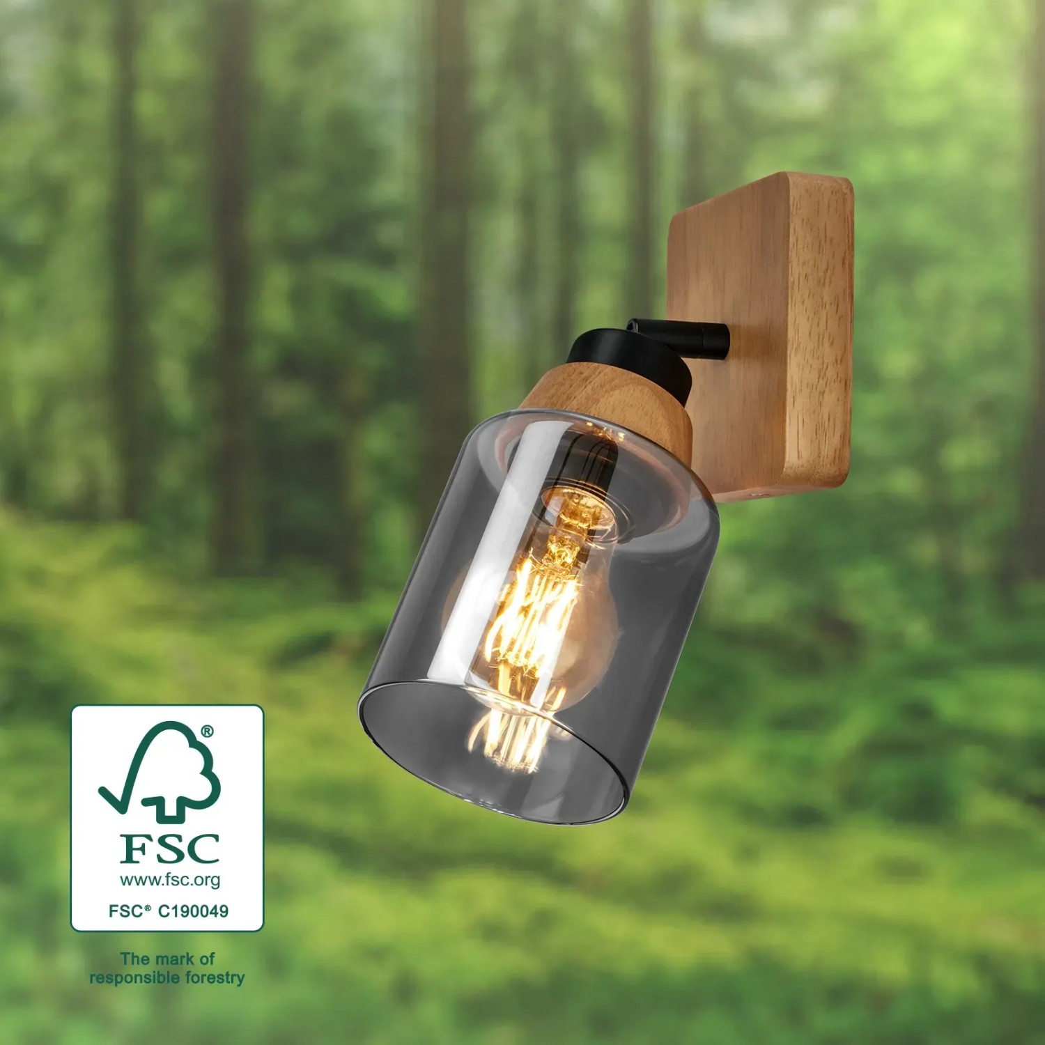 Schwenkbare Briloner Wandleuchte Royk mit Holzbasis und Rauchglas, E27 Fassung.