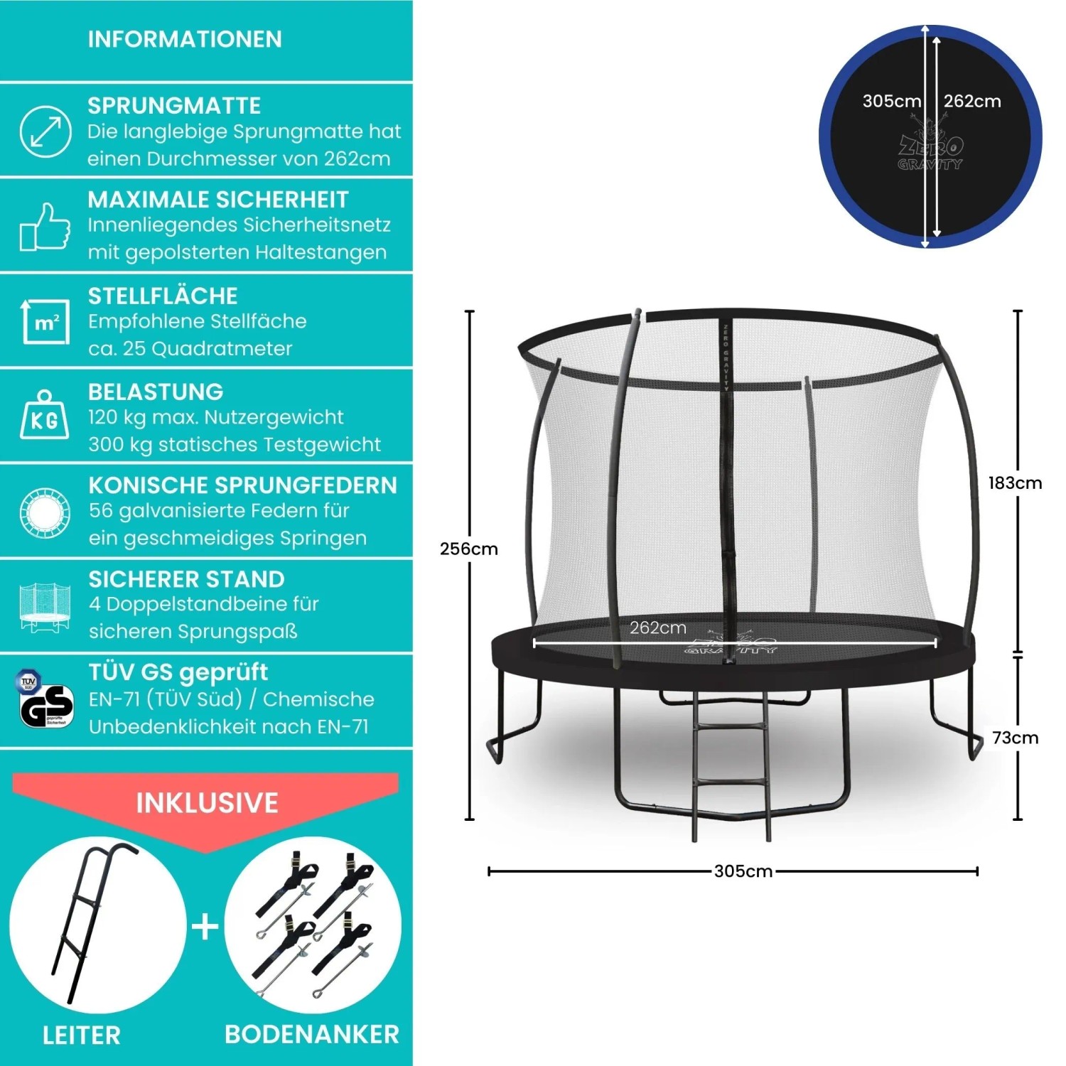 Schwarzes Zero Gravity Gartentrampolin 305cm mit Sicherheitsnetz, Leiter und Bodenanker.