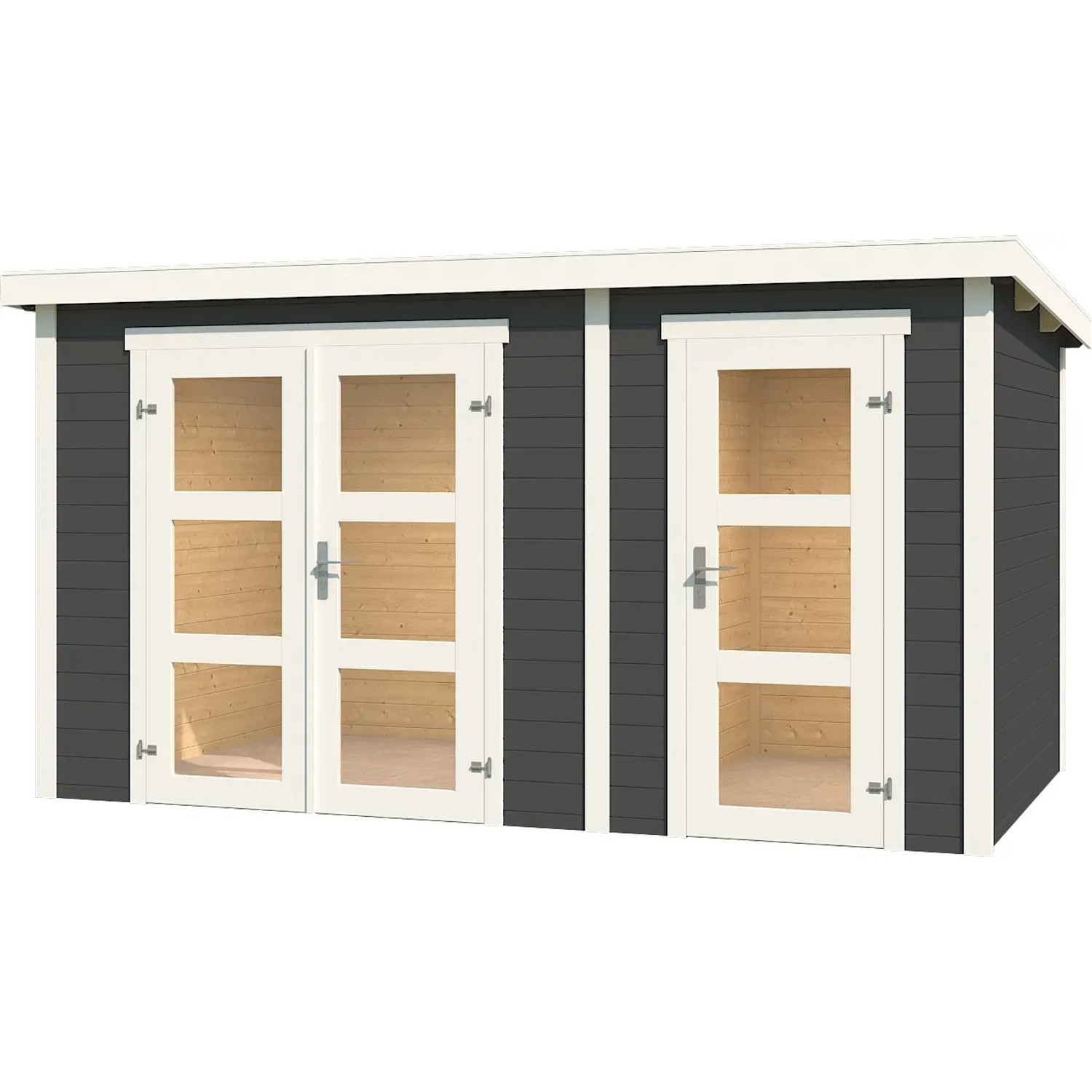 Modernes, carbongraues Lasita Holz-Gartenhaus Zambezi XL mit Flachdach und zwei Glastüren.