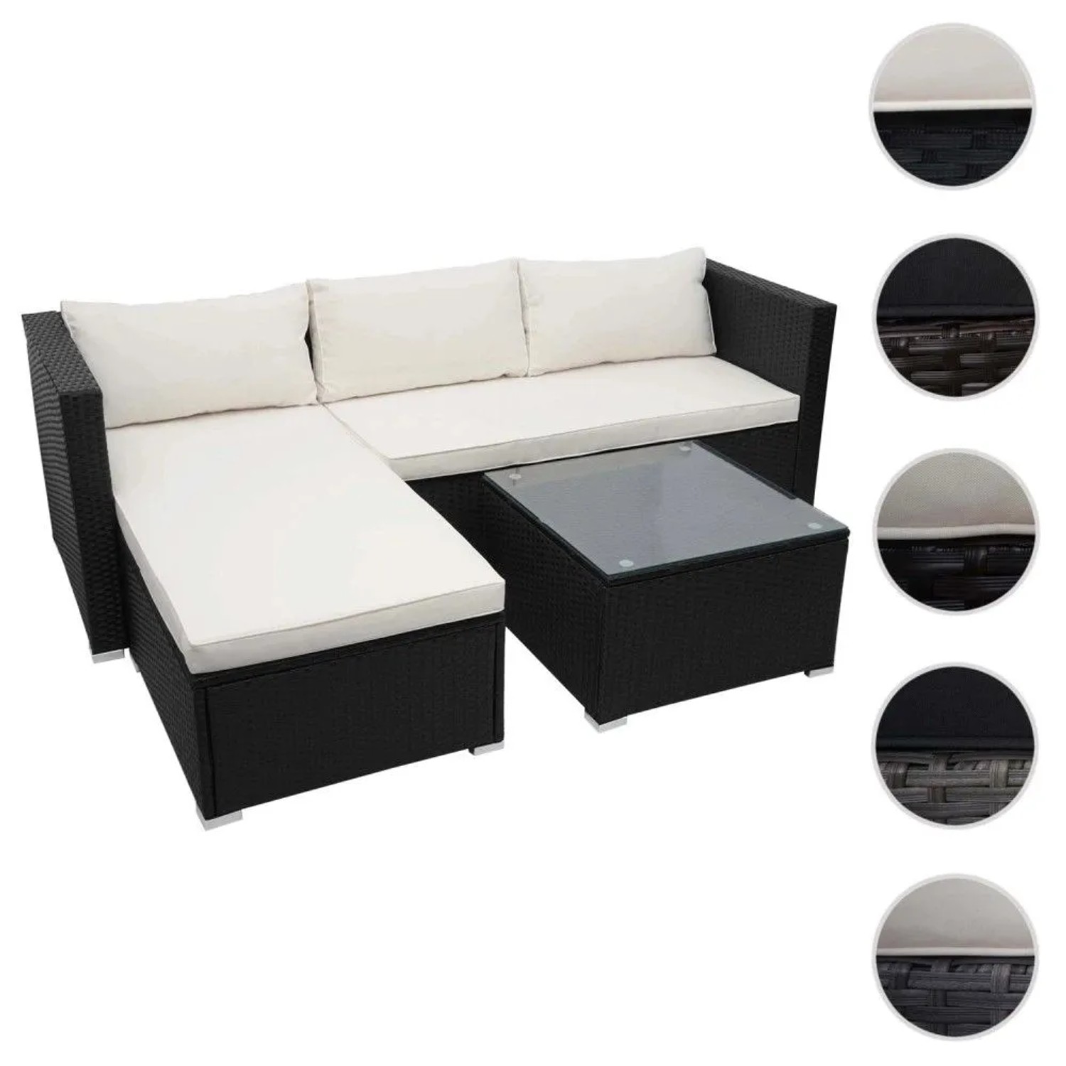 Schwarze 3-teilige Poly-Rattan Gartenmöbel-Garnitur mit L-Sofa und Couchtisch, cremefarbene Kissen.