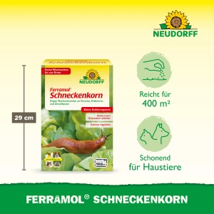 Verpackung Neudorff Ferramol Schneckenkorn 500g mit Schnecke auf Salatblatt. Wirkt gegen Nacktschnecken.