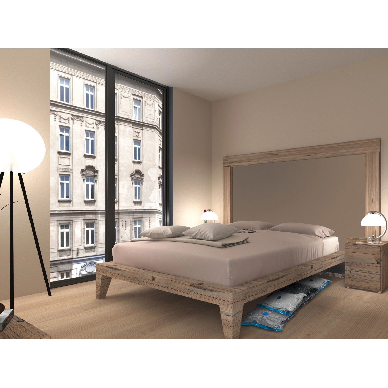 Vakuum-Kleiderbeutel S unter Bett in Schlafzimmer für platzsparende Aufbewahrung.