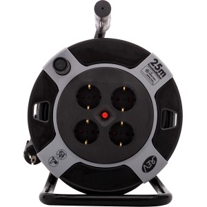 REV Ritter Kabeltrommel, 25m, schwarz-grau, mit 4 Schutzkontaktsteckdosen für den Innenbereich.