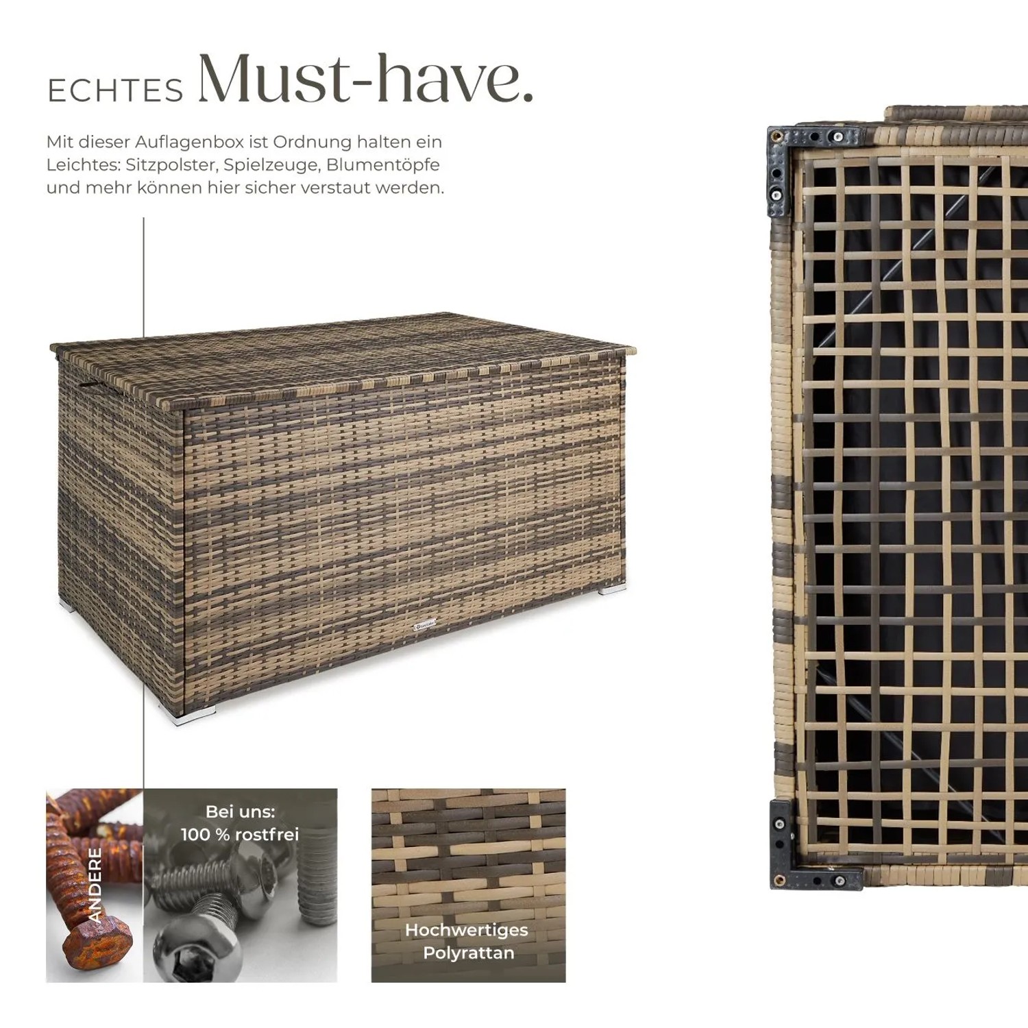 Tectake Auflagenbox Oslo, 750 L, Rattangeflecht, 145x83x80 cm, natur. Gartenbox für Kissen und Gartenzubehör.
