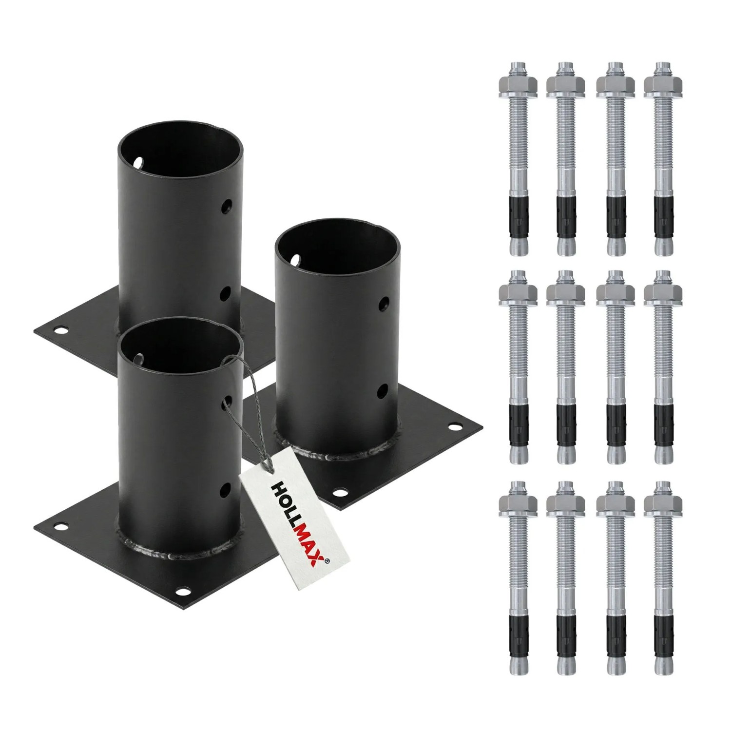 HOLLMAX 3 Stk. Aufschraubhülse/Pfostenträger 80 mm inkl. Schwerlastanker 10 x 100 mm Pulverbeschichtet Schwarz für Rundholzpfosten