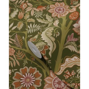 ESTAhome Tapete Blumenmuster Dunkelgrün und Terrakottabraun 50 x 900 cm