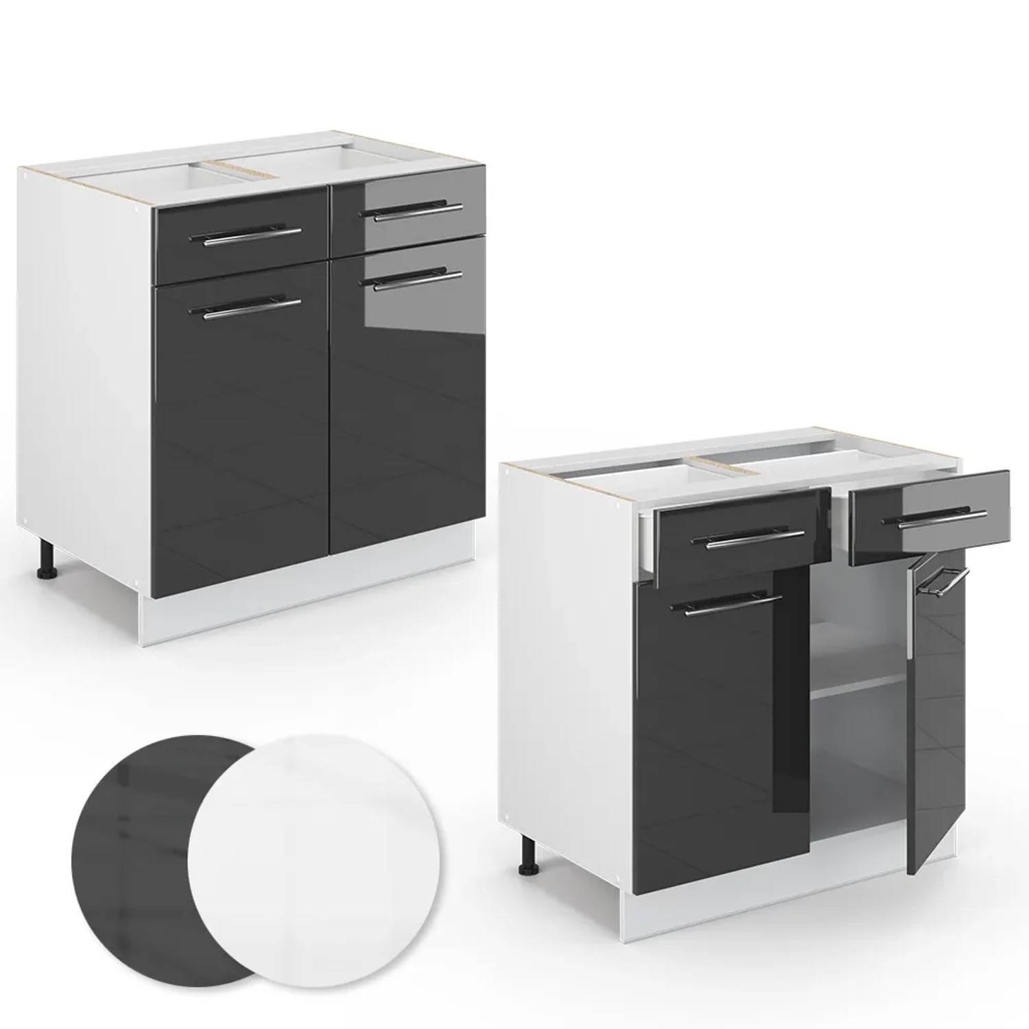 Vicco Küchenunterschrank Fame-Line, anthrazit/weiß, 80 cm mit Eiche Arbeitsplatte.