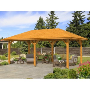 Holz-Pavillon Orleans: Eiche hell lasiert, 294x576 cm. Gartenlaube mit robuster Leimholz-Konstruktion.