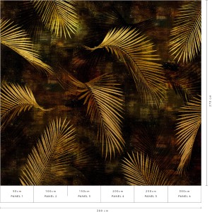 Erismann Fototapete Guido Maria Kretschmer Glossy Palms Gold, 3,0x2,7m. Goldene Palmenblätter auf dunklem Grund.