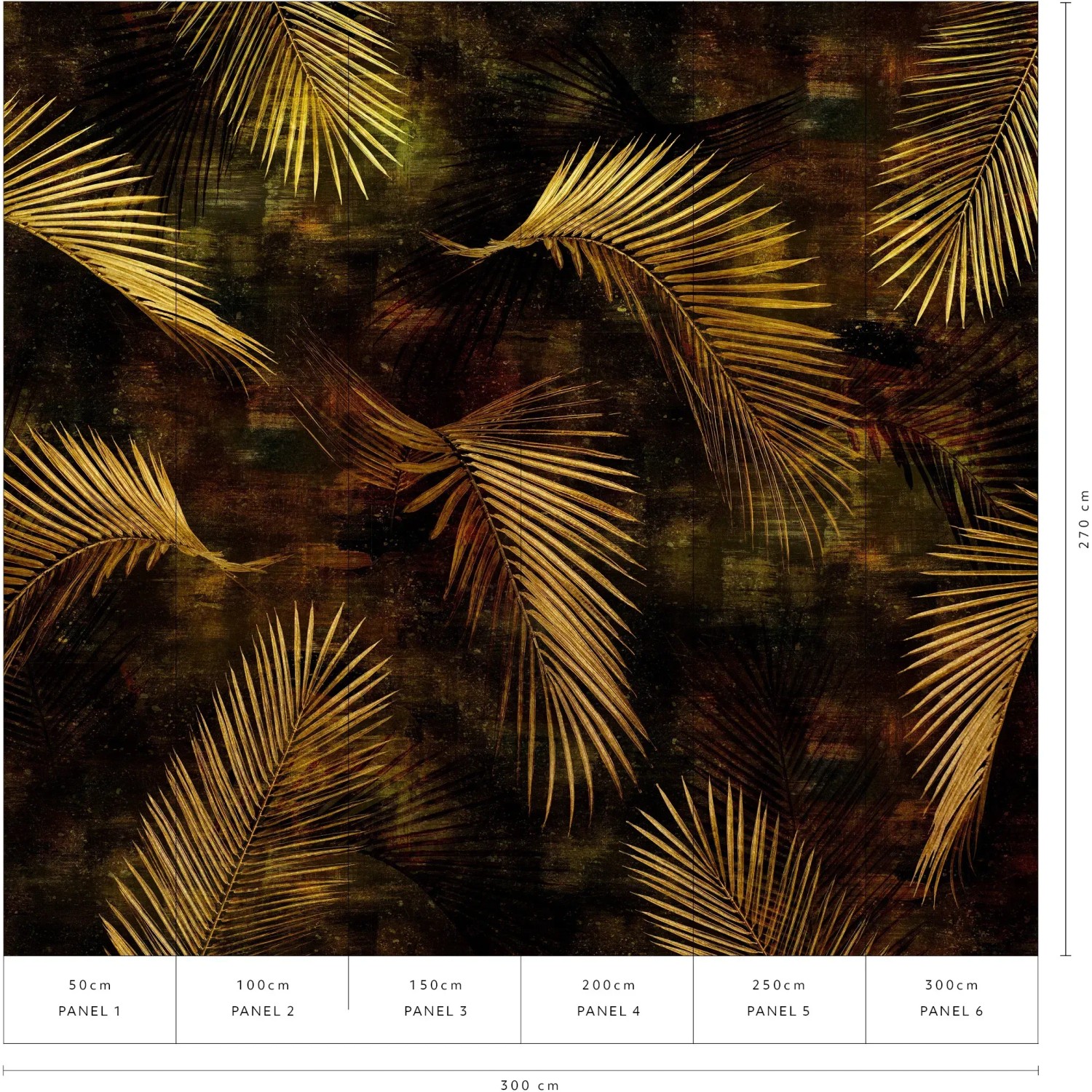 Erismann Fototapete Guido Maria Kretschmer Glossy Palms Gold, 3,0x2,7m. Goldene Palmenblätter auf dunklem Grund.