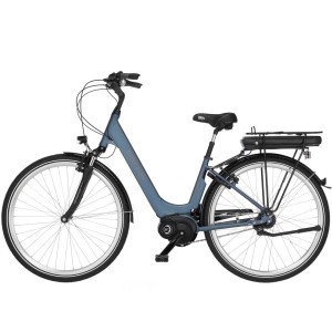 Fischer E-Bike Cita 2.0, 28 Zoll City-Fahrrad in Blau mit Gepäckträger und Mittelmotor.