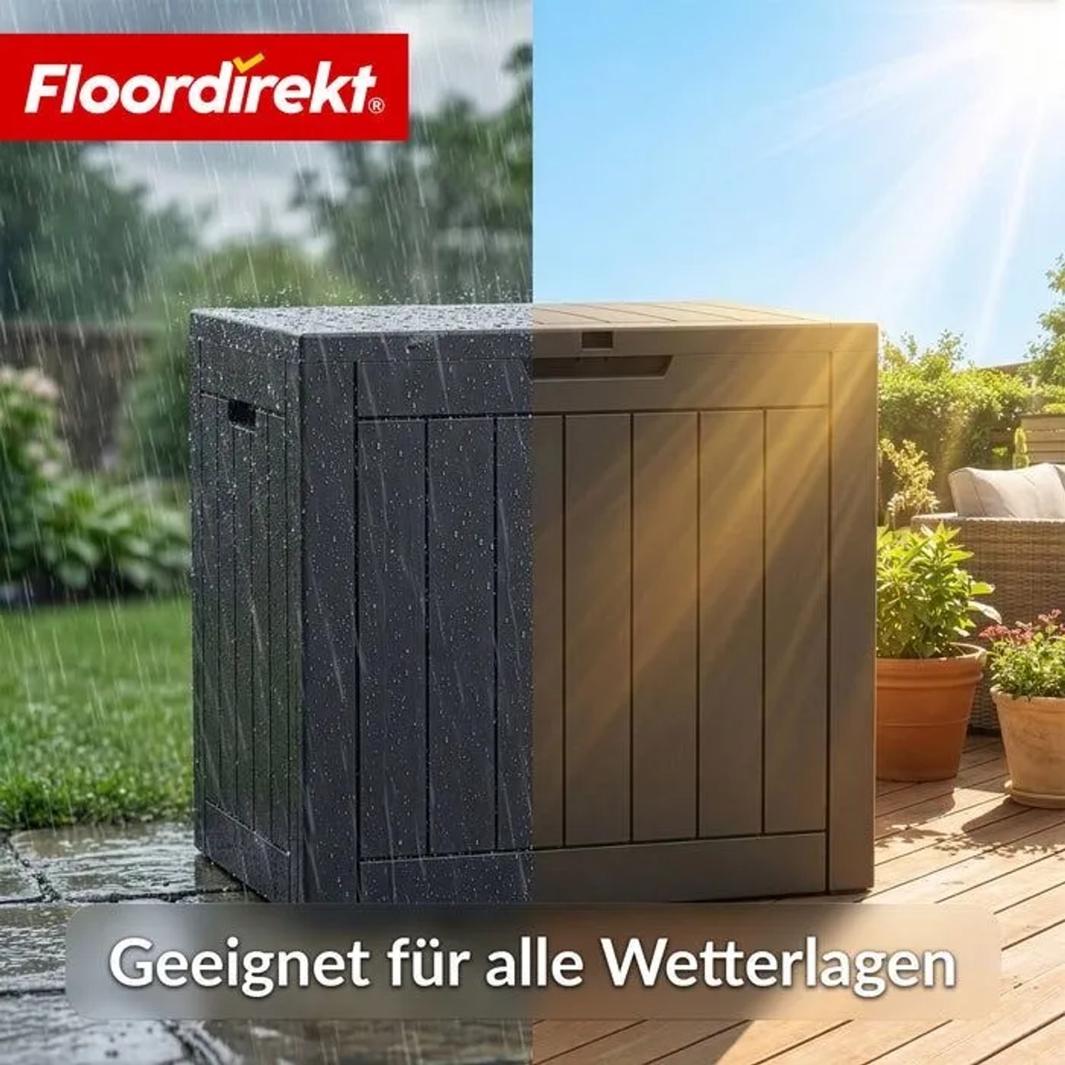 Wetterfeste, anthrazitfarbene Floordirekt Gartenbox in Holzoptik, geeignet für Polster und Gartenzubehör.