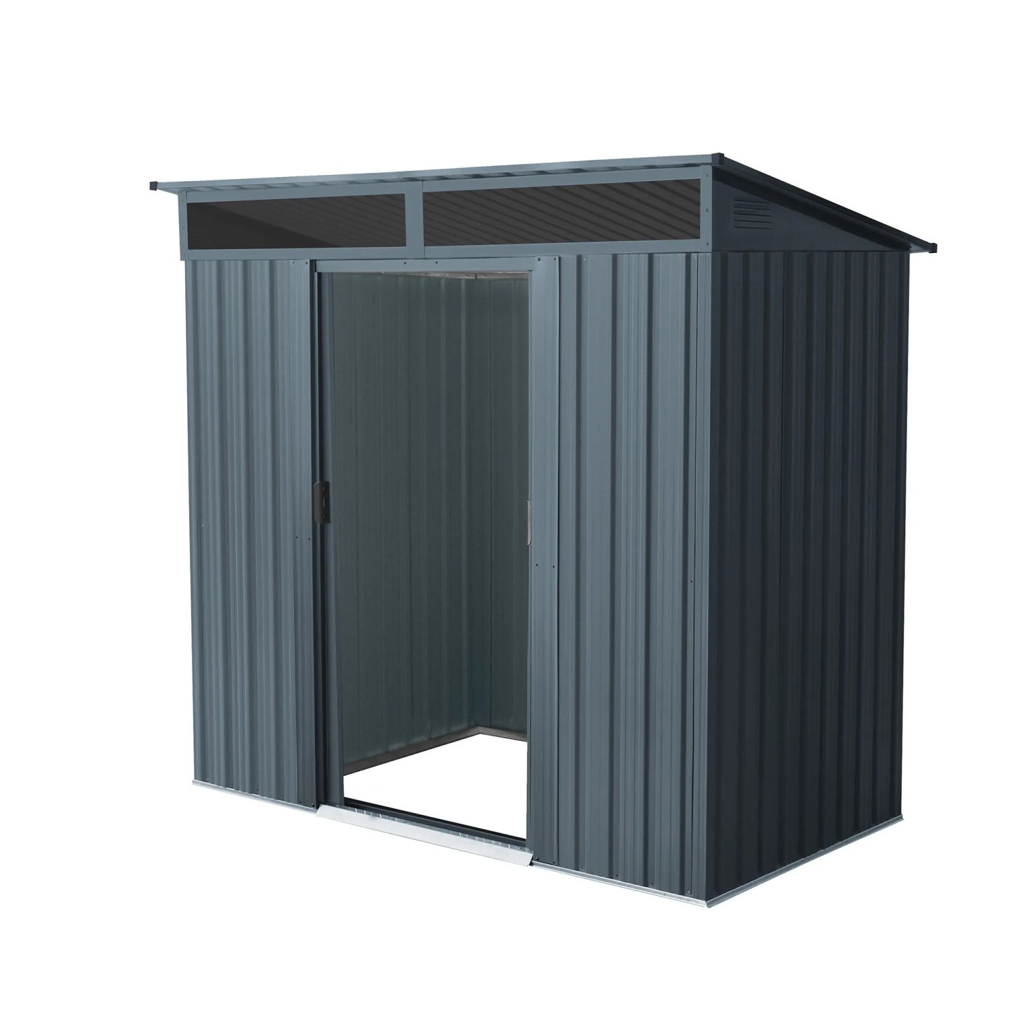 Pergart Gerätehaus Lüttich 64, anthrazitgraues Metall, Pultdach und Schiebetür geöffnet.