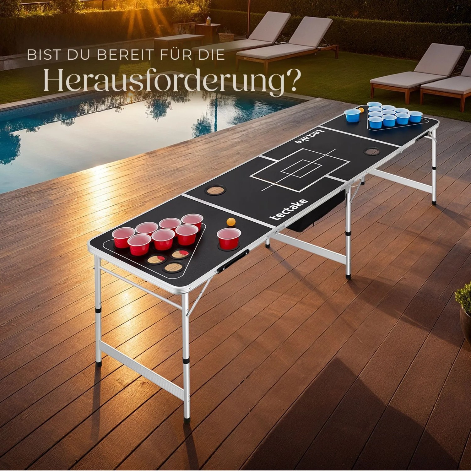 Tectake Bierpongtisch mit Eisfach, Bechern und Bällen im Garten. Höhenverstellbarer Stehtisch für Partys.