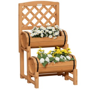 Outsunny Blumenkasten aus Tannenholz mit Rankgitter, rustikales Design. Zwei Pflanzkästen mit gelben und weißen Blumen.