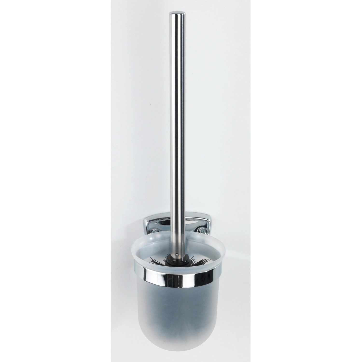 Wand WC-Garnitur Basic von Wenko aus Edelstahl, glänzend mit transparentem Behälter.