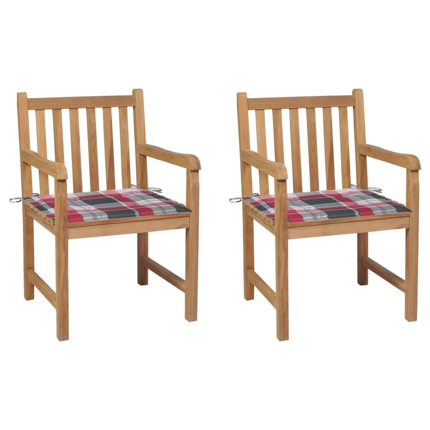 vidaXL Gartenstühle 2 Stk Rote Karomuster-Kissen Massivholz Teak 3062743