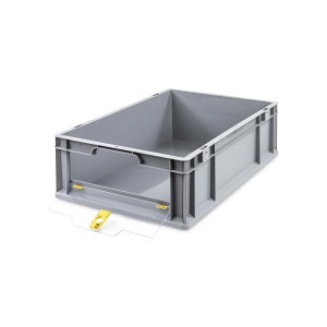 Graue PROREGAL Eurobox 34L mit gelbem Verschlussdeckel, geeignet zur Aufbewahrung und Transport.