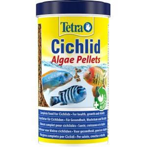 Tetra Cichlid Algae Fischfutter-Granulat, 500ml Dose mit Cichliden-Illustration.