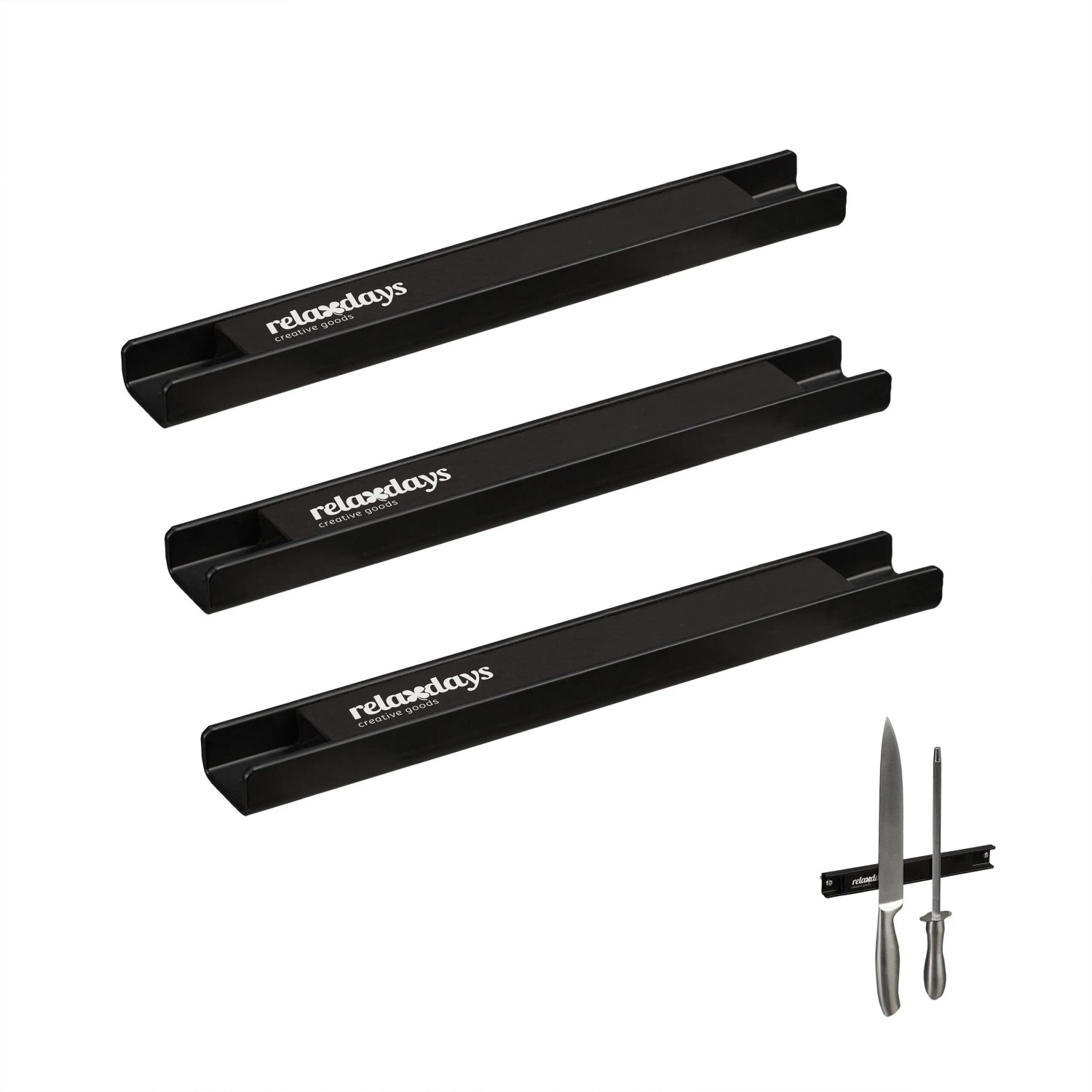 Relaxdays 3er Set Magnetleisten Stahl Schwarz 20 cm x 2,5 cm x 1,5 cm