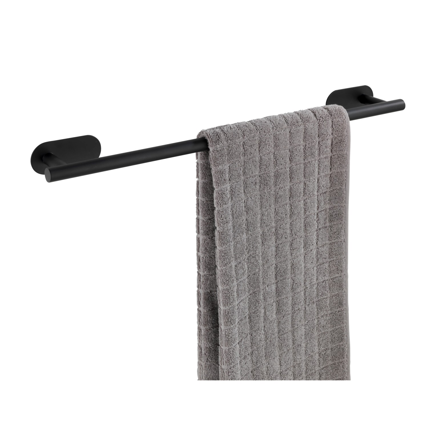 Wenko Badetuchstange Uno Orea, schwarz matt, mit Handtuch. Edelstahl Handtuchhalter zur Wandmontage.