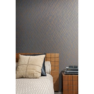 Marburg Vliestapete Grafisch Modern Anthrazit-Gold an Schlafzimmerwand.
