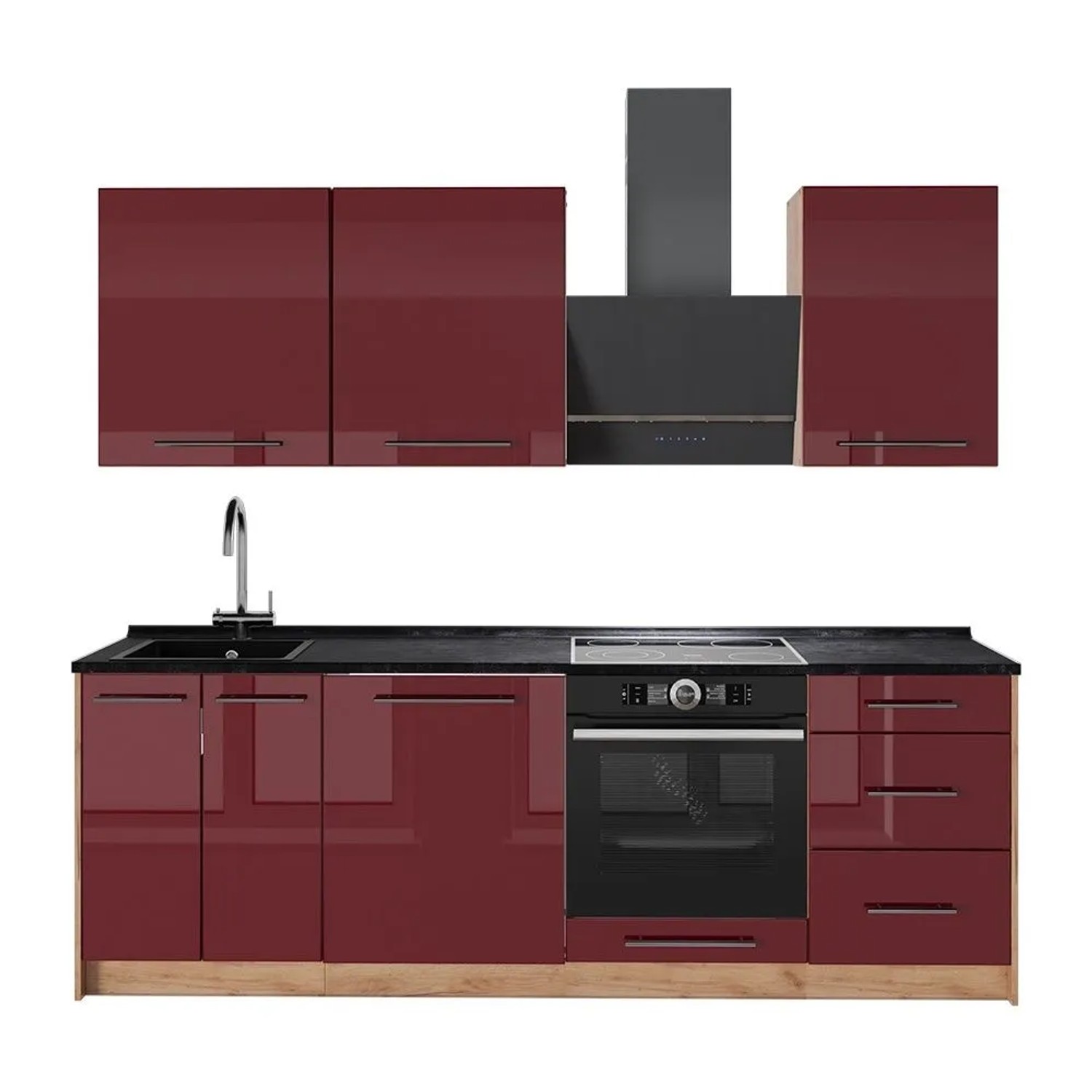 Vicco Küchenzeile Fame-Line Bordeaux Hochglanz/Goldkraft Eiche 230 x 82 AP Anthrazit Art Nr 63993