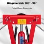 Rote Wiltec hydraulische Rohrbiegemaschine, 8T Presskraft, zeigt Biegebereich 180°-90° für präzises Rohrbiegen.