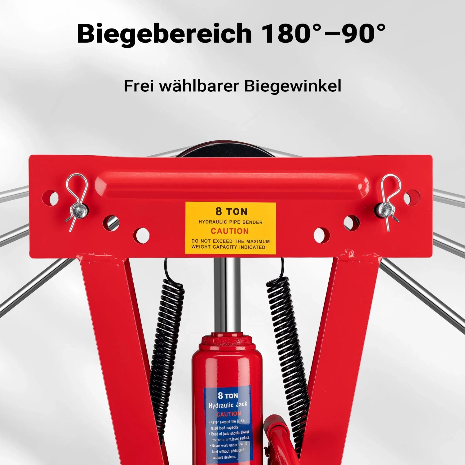 Rote Wiltec hydraulische Rohrbiegemaschine, 8T Presskraft, zeigt Biegebereich 180°-90° für präzises Rohrbiegen.