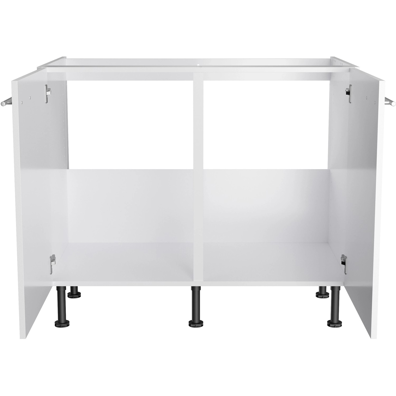 Weißer Optifit Spülenunterschrank Bengt932, 100 cm breit, mit zwei Türen und Edelstahlgriffen.