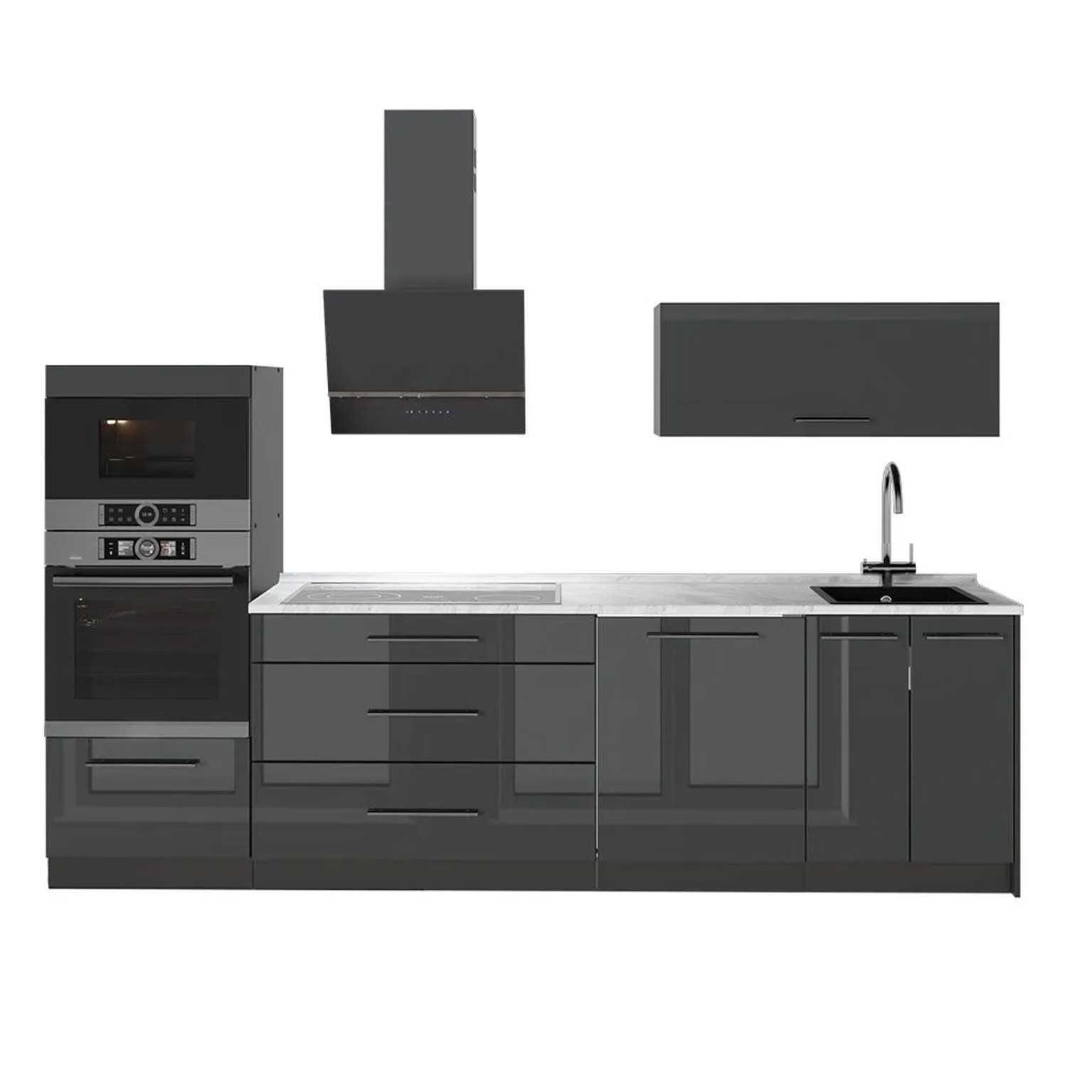 Vicco Küchenzeile Fame-Line Anthrazit Hochglanz/Anthrazit 280 x 154 AP Marmor Art Nr 64653