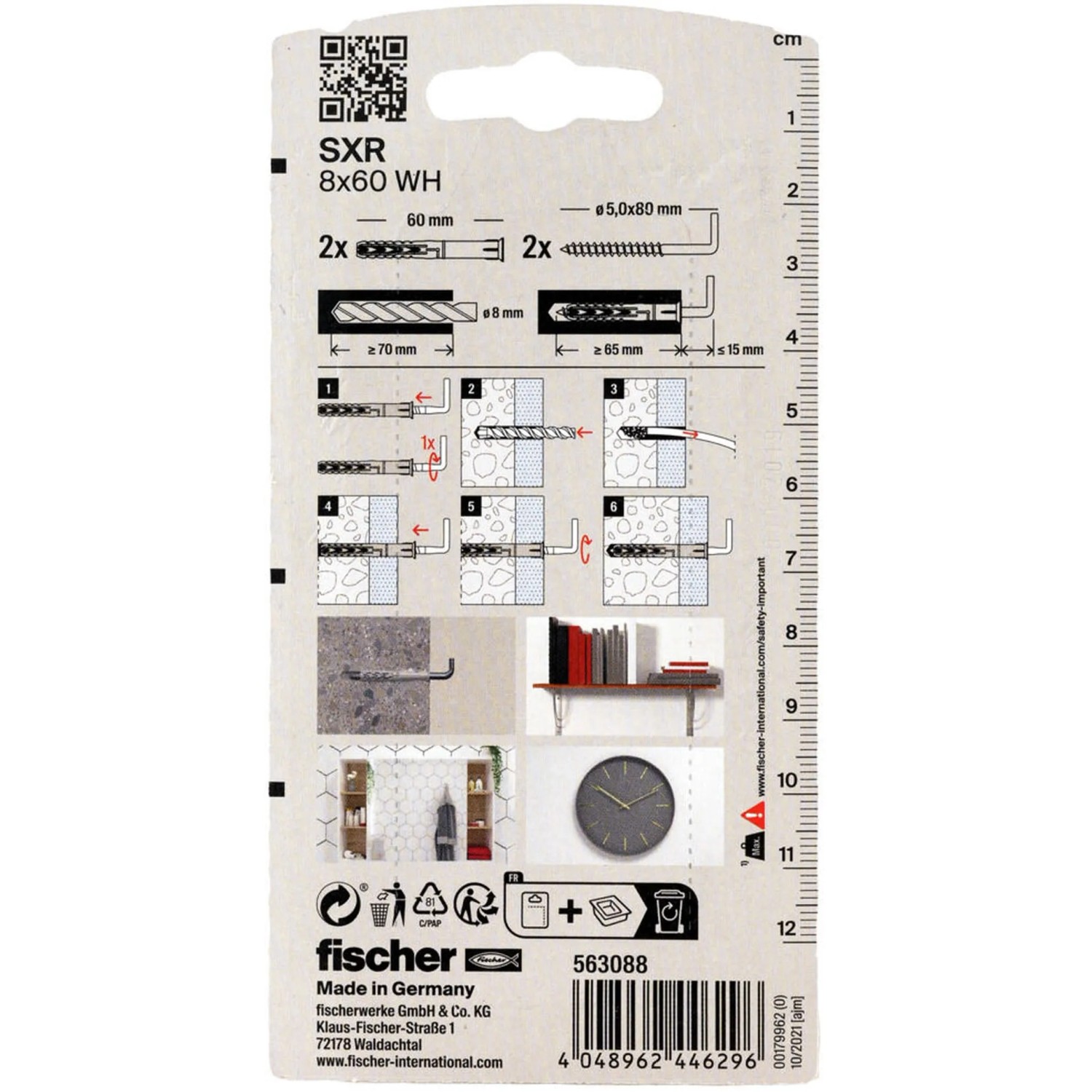 Fischer Langschaftdübel SXR 8x60 WH mit Winkelhaken, Montageanleitung auf Verpackung.
